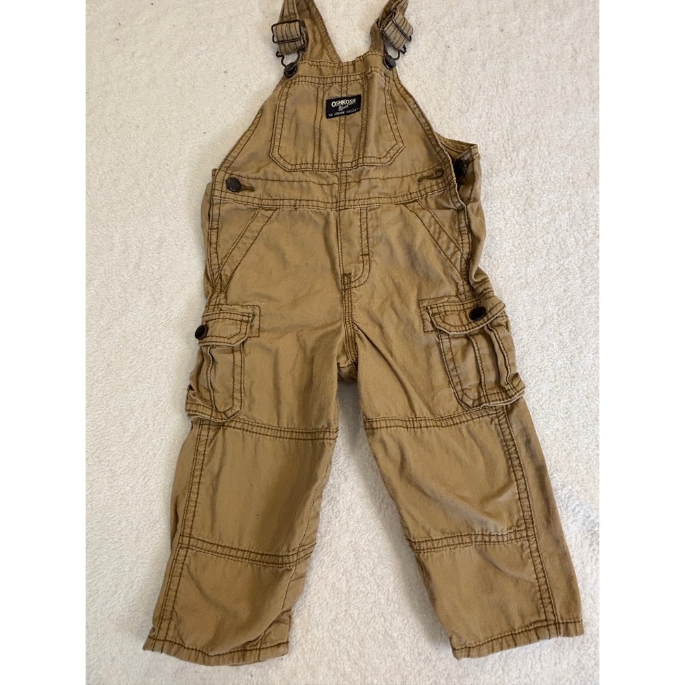 OshKosh‎ Bgosh Kids Cargo Overalls Tan Khaki Bibs 24M Snap Inseam Pants